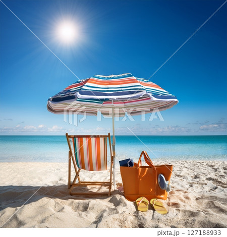 Summer Beach Scenes with Beach Essentials. Tropical Vacation Photography Summer Beach Scenes with Beach Essentials. Tropical Vacation Photography 127188933