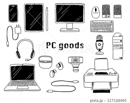 手描きテイストなパソコンやガジェット周辺機器のイラストセット(モノクロ線画) 手描きテイストなパソコンやガジェット周辺機器のイラストセット(モノクロ線画) 127188995