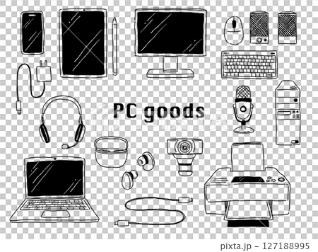 手描きテイストなパソコンやガジェット周辺機器のイラストセット(モノクロ線画) 手描きテイストなパソコンやガジェット周辺機器のイラストセット(モノクロ線画) 127188995