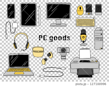 Hand-drawn illustration set of computers and gadget peripherals (yellow x gray) 127188996