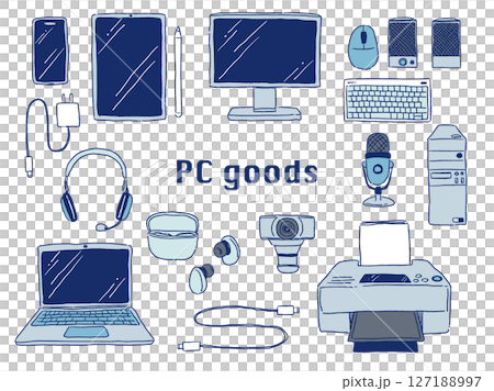 手描きテイストなパソコンやガジェット周辺機器のイラストセット(ブルー) 手描きテイストなパソコンやガジェット周辺機器のイラストセット(ブルー) 127188997