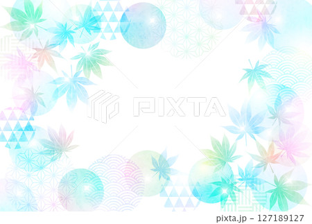 和柄玉と青紅葉の残暑見舞いはがき、かわいい、横、イラスト、夏、ポストカード、虹色 127189127