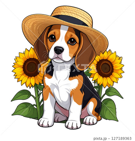 ひまわりと麦わら帽子のビーグルのステッカーイラスト4／チラシやポスター用素材 127189363