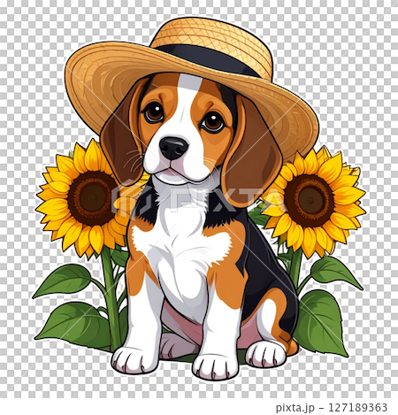 Sunflower and straw hat beagle sticker illustration 4 / flyer and poster material 127189363