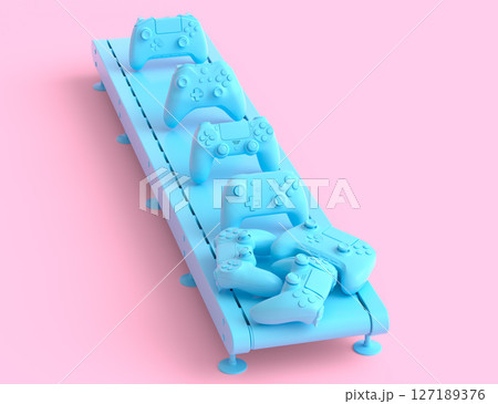 Set of gamer joysticks or gamepads on factory line on monochrome background Set of gamer joysticks or gamepads on factory line on monochrome background 127189376