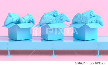 Set of gamer joystick or gamepads in cardboard box on factory line on monochrome Set of gamer joystick or gamepads in cardboard box on factory line on monochrome 127189377