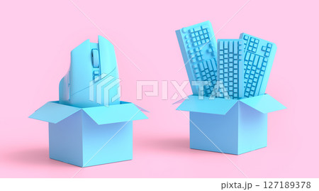 Set of gamer mouse and keyboard in cardboard box on monochrome background Set of gamer mouse and keyboard in cardboard box on monochrome background 127189378