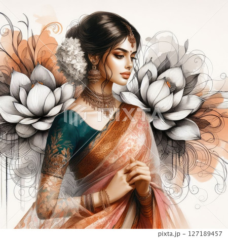 Ethereal Beauty Amidst Blooming Nelumbo nucifera with Indian saree girl with Generative AI. 127189457