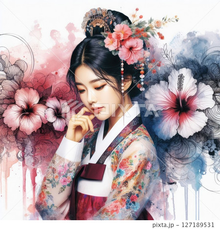 Ethereal Beauty Amidst Blooming hibiscus with Korean hanbok girl with Generative AI. 127189531