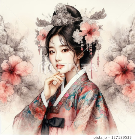 Ethereal Beauty Amidst Blooming hibiscus with Korean hanbok girl with Generative AI. 127189535