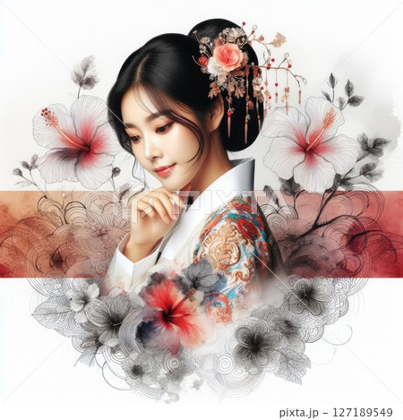 Ethereal Beauty Amidst Blooming hibiscus with Korean hanbok girl with Generative AI. 127189549