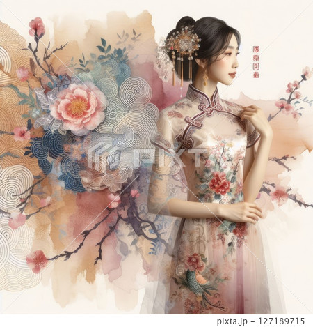 Ethereal Beauty Amidst Blooming plum bossom with Chinese cheongsam girl with Generative AI. Ethereal Beauty Amidst Blooming plum bossom with Chinese cheongsam girl with Generative AI. 127189715