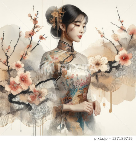 Ethereal Beauty Amidst Blooming plum bossom with Chinese cheongsam girl with Generative AI. 127189719