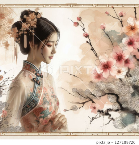 Ethereal Beauty Amidst Blooming plum bossom with Chinese cheongsam girl with Generative AI. Ethereal Beauty Amidst Blooming plum bossom with Chinese cheongsam girl with Generative AI. 127189720