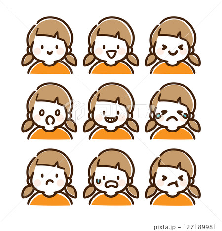 元気な女の子の上半身の表情イラストセット（カラー） 127189981