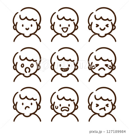 かわいい男の子の上半身の表情イラストセット（白黒） 127189984
