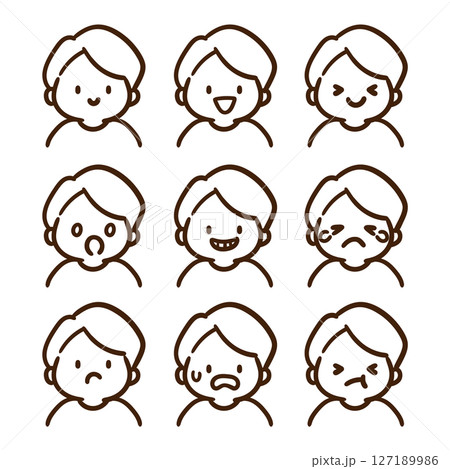 かっこいい男の子の上半身の表情イラストセット（白黒） 127189986