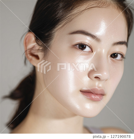 美容液を塗って肌に潤いがある女性の顔のアップ 127190078