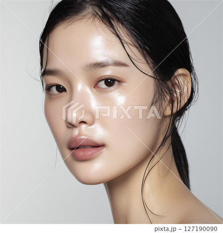 美容液を塗って肌に潤いがある女性の顔のアップ 127190090
