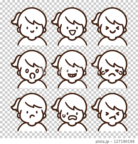 Ponytail girl upper body facial expression illustration set (black and white) 127190198