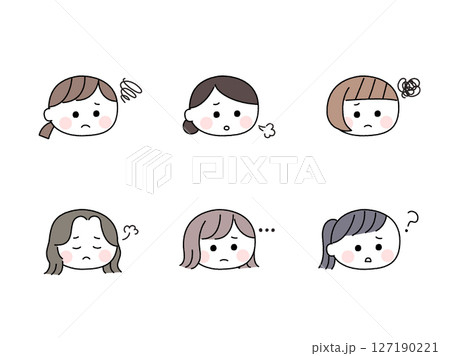 ゆるかわいい手描き風の顔セット／悩む女性 127190221