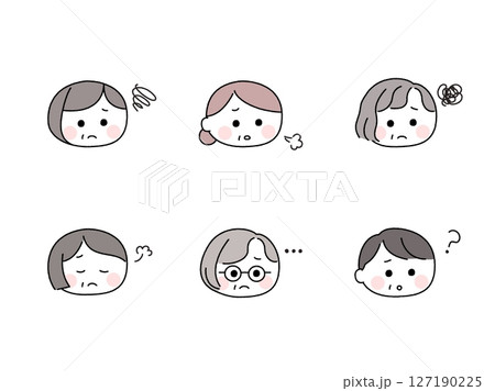ゆるかわいい手描き風の顔セット/悩む高齢女性 ゆるかわいい手描き風の顔セット/悩む高齢女性 127190225