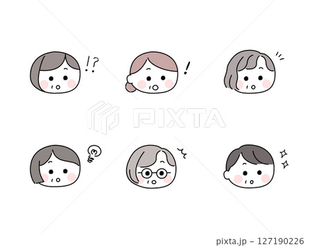 ゆるかわいい手描き風の顔セット／驚く高齢女性	 127190226