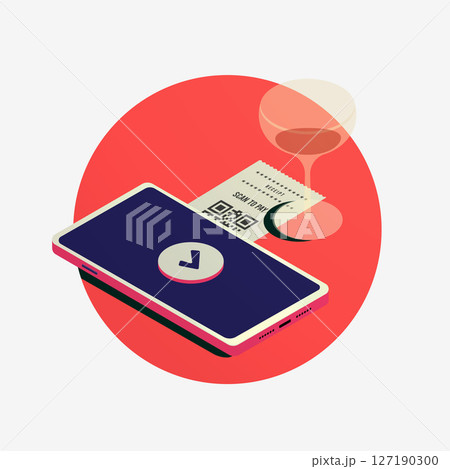 QR code payment concept. Hand holding smartphone that scans QR code on check for contactless payment in cafe. Convenience and speed of mobile payments. Suitable for e-commerce and finance visuals 127190300