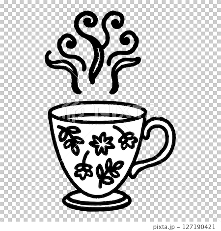 植物柄のティーカップの白黒イラスト 127190421