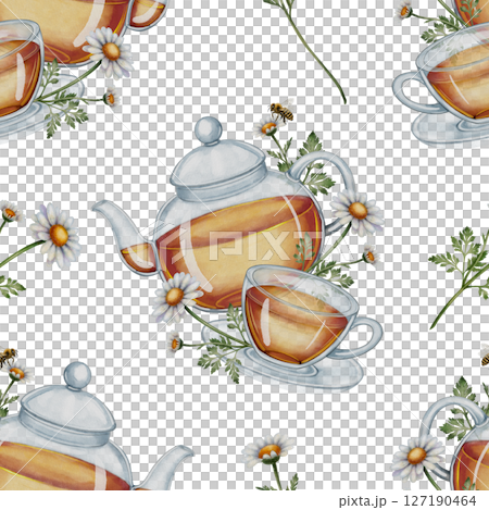 Seamless pattern with chamomile tea and teapot 127190464