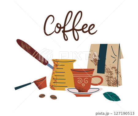 Vector illustration of Turkish coffee composition. Traditional cezve, ornate cup with saucer, coffee beans and leaf, handwritten coffee text, flat cartoon beverage, brewing theme, colored clipart 127190513
