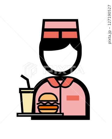 ハンバーガーを持ったファストフード店員のシンプルなカラーイラストアイコン ハンバーガーを持ったファストフード店員のシンプルなカラーイラストアイコン 127190527