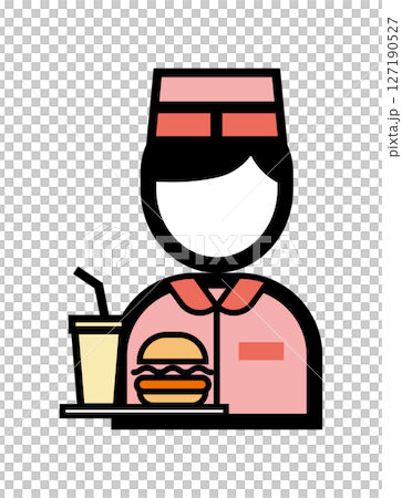 ハンバーガーを持ったファストフード店員のシンプルなカラーイラストアイコン ハンバーガーを持ったファストフード店員のシンプルなカラーイラストアイコン 127190527