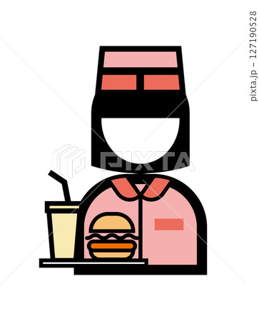 ハンバーガーを持ったファストフード店員のシンプルなカラーイラストアイコン ハンバーガーを持ったファストフード店員のシンプルなカラーイラストアイコン 127190528