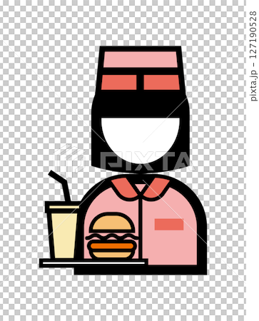 ハンバーガーを持ったファストフード店員のシンプルなカラーイラストアイコン ハンバーガーを持ったファストフード店員のシンプルなカラーイラストアイコン 127190528