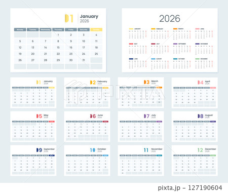 2026 calendar set with clean monthly layouts, weekday labels, corporate design template vector. Desk calendar 2026 2026 calendar set with clean monthly layouts, weekday labels, corporate design template vector. Desk calendar 2026 127190604