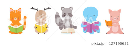 Cute Animals Reading Book in Hard Cover Enjoying Interesting Story Vector Set 127190631