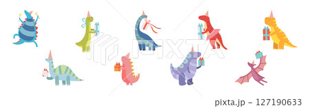 Cute Dinosaur at Happy Birthday Party in Hat Vector Set 127190633