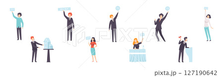 Public Auction Sale with People Character Bidding and Buying Goods Vector Set 127190642
