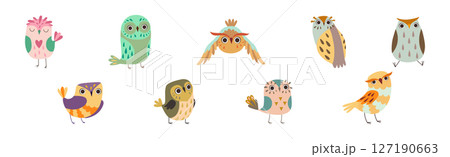 Cute Owl Bird Feathered Flying Animal with Wings Vector Set 127190663