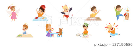 Naughty and Obedient Kids with Good Manners and Hooligans Vector Illustration Set Naughty and Obedient Kids with Good Manners and Hooligans Vector Illustration Set 127190686