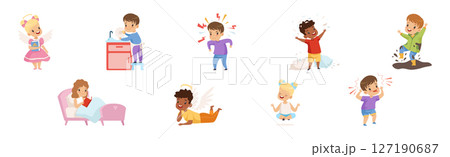 Naughty and Obedient Kids with Good Manners and Hooligans Vector Illustration Set 127190687