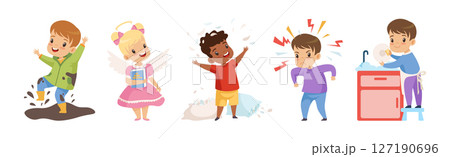 Naughty and Obedient Kids with Good Manners and Hooligans Vector Illustration Set 127190696