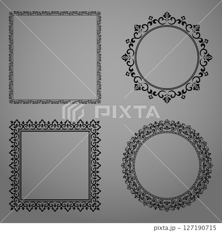 Set of decorative frames Elegant vector element for design in Eastern style, place for text. Floral black and gray borders. Lace illustration for invitations and greeting cards Set of decorative frames Elegant vector element for design in Eastern style, place for text. Floral black and gray borders. Lace illustration for invitations and greeting cards 127190715
