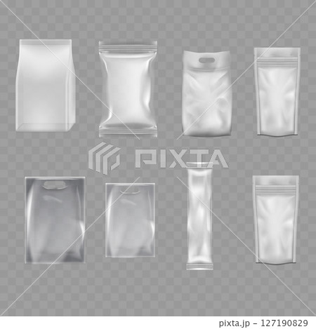 Transparent Plastic Packaging Mockup Set - Realistic Pouch Collection. Vector 127190829