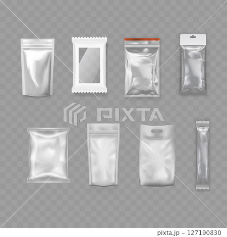 Transparent Plastic Packaging Mockup Set - Realistic Pouch Collection. Vector 127190830