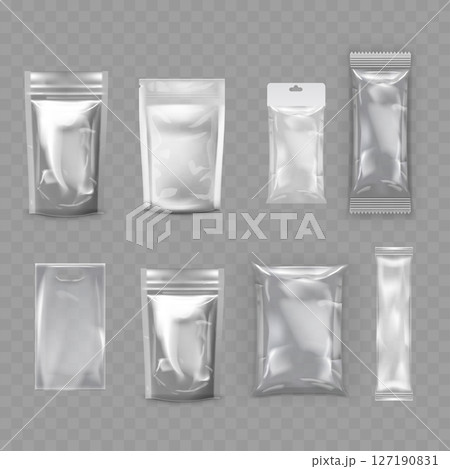 Transparent Plastic Packaging Mockup Set - Realistic Pouch Collection. Vector 127190831