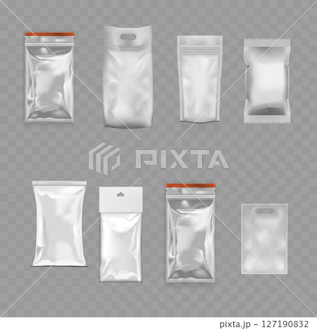Transparent Plastic Packaging Mockup Set - Realistic Pouch Collection. Vector 127190832