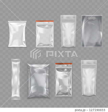 Transparent Plastic Packaging Mockup Set - Realistic Pouch Collection. Vector 127190833