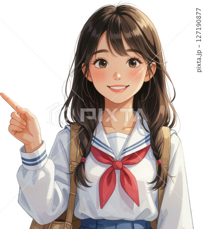 笑顔で横を指さすセーラー服の女子学生（背景透過） 127190877
